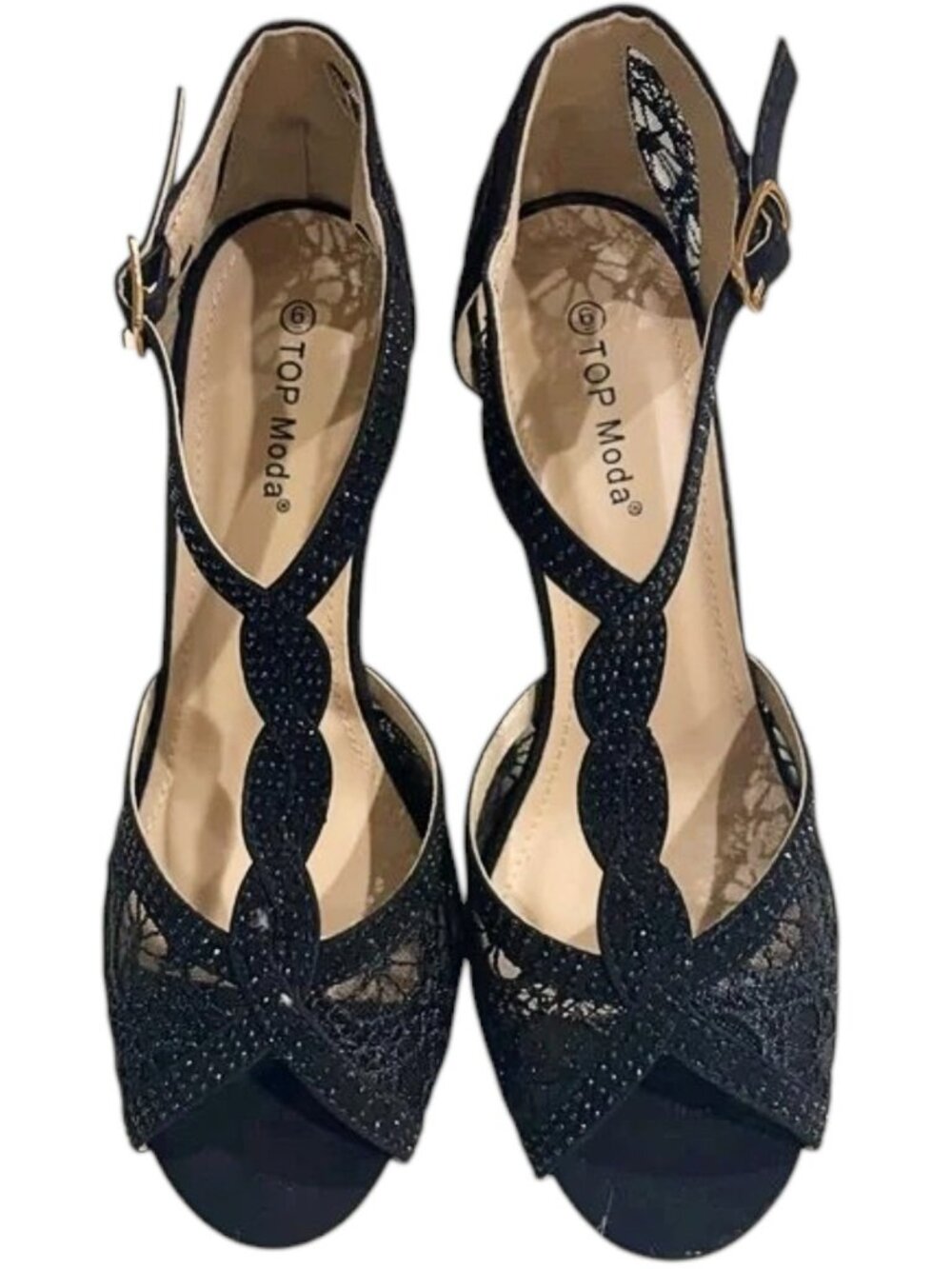 Women's Black Rhinestone Lace Platform Heels ✨ Elegant T-Strap Dress Shoes - Picture 3 of 6
